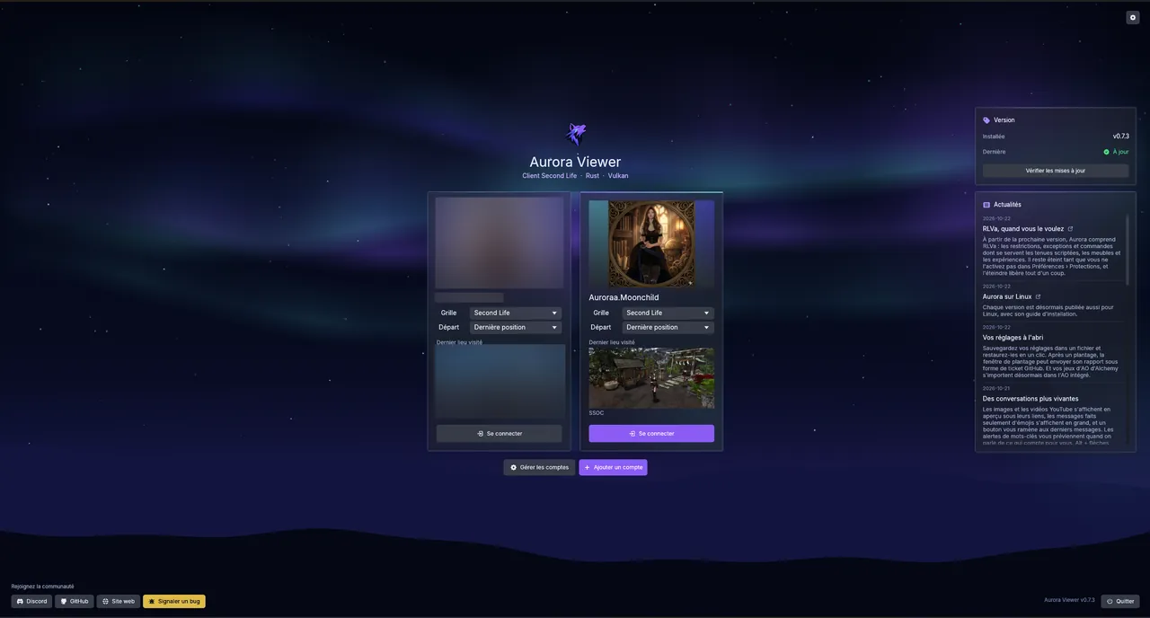 The Aurora login screen under an aurora, with two avatar accounts side by side and the news