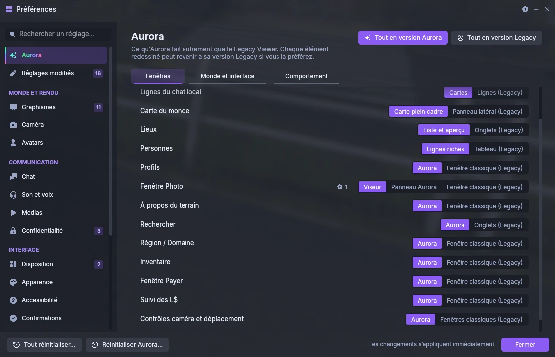 The Aurora page of Preferences, with an Aurora or Legacy choice for each redesigned window